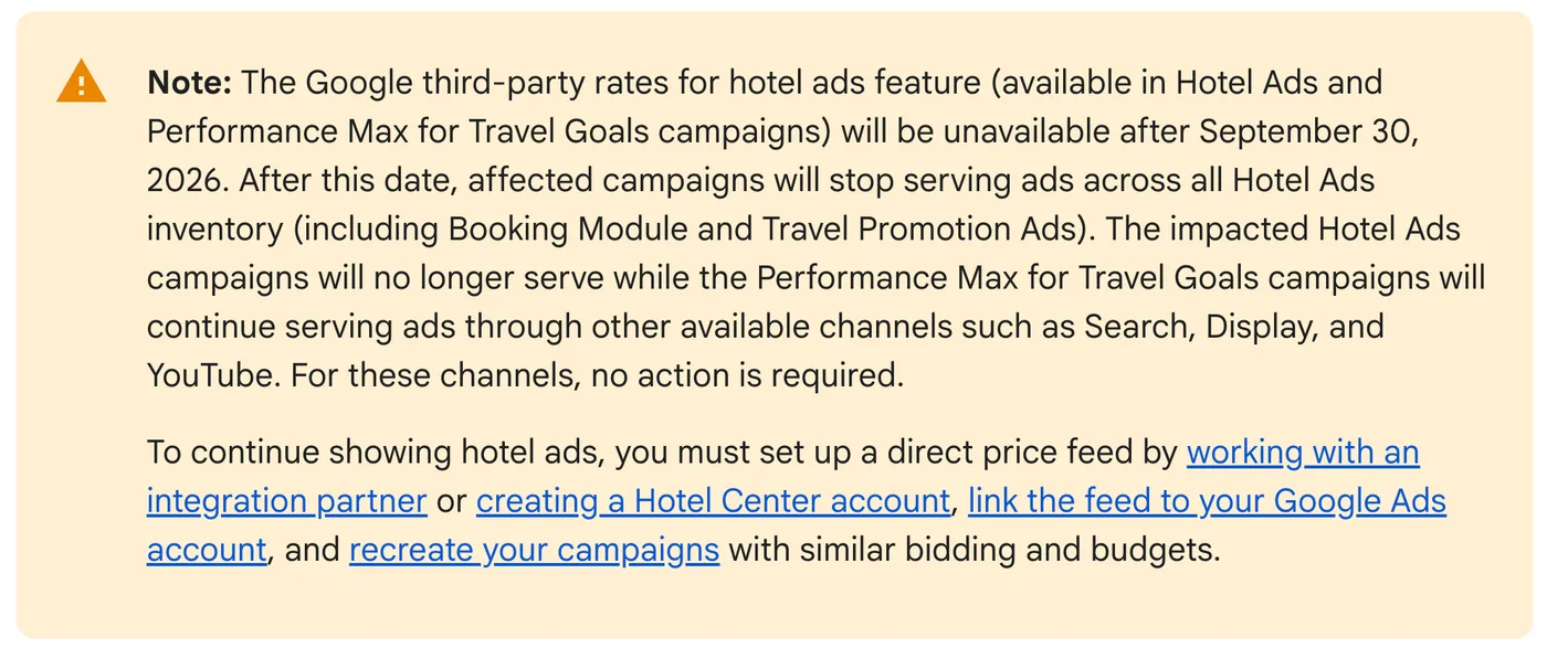 Original newsletter image: Google sunsets third-party rates for hotel ads