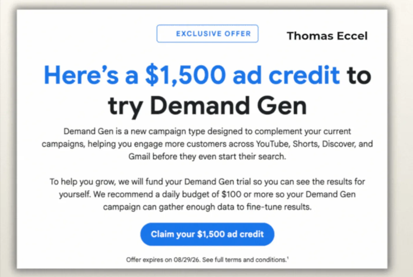 Original newsletter image: Google Ads offers up to $1,500 in Demand Gen credit
