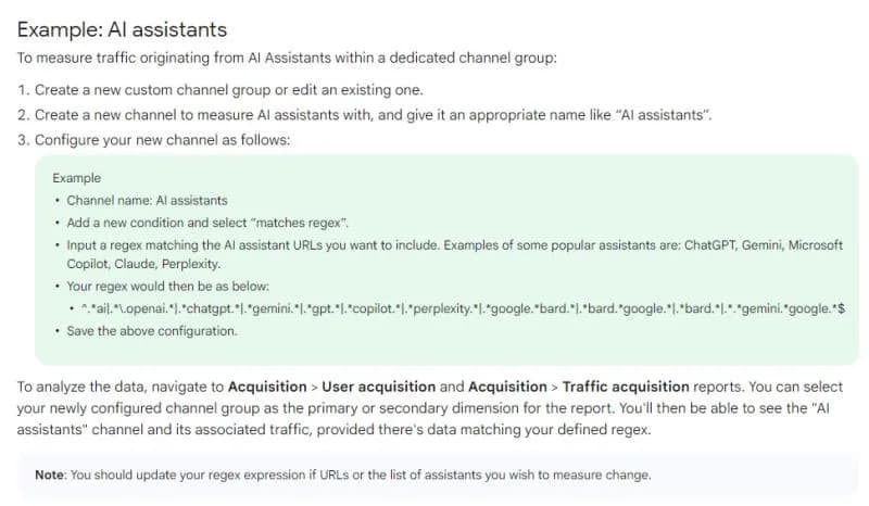 Original newsletter image: GA4 AI Assistants channel instructions are published, but non-functional