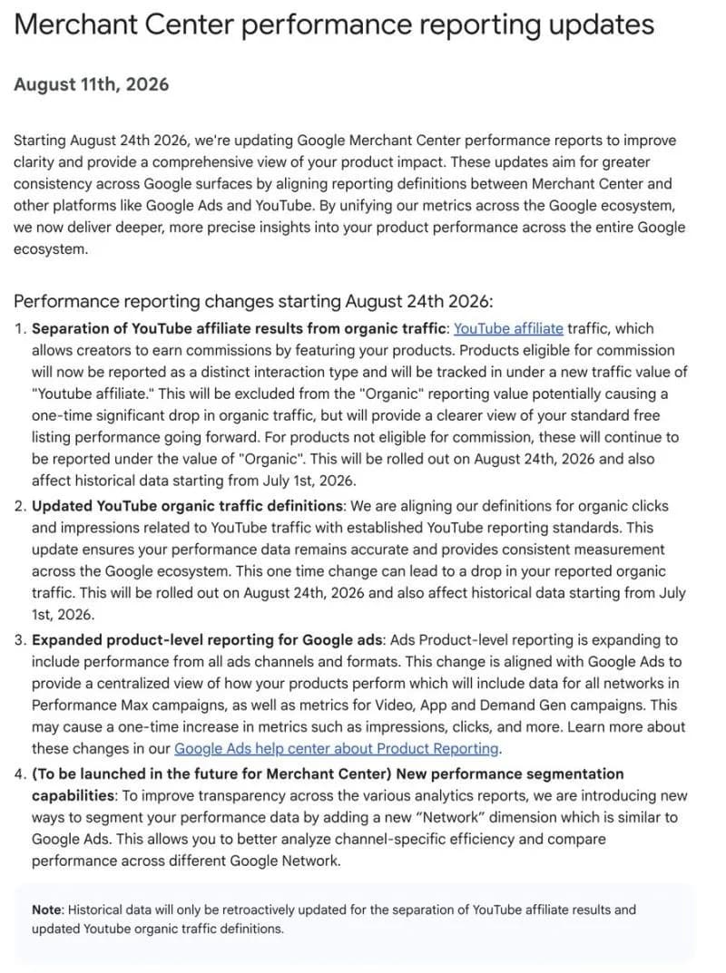Original newsletter image: Merchant Centre performance reports change on 24 August