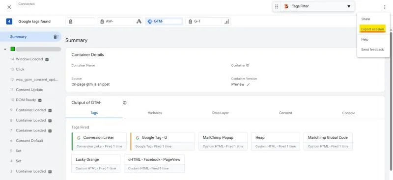 Original newsletter image: GTM Tag Assistant sessions can be exported and shared