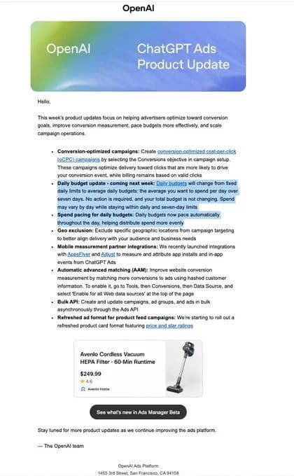 Original newsletter image: Budgets go weekly, UTMs reach all levels, and vertical policies clarify