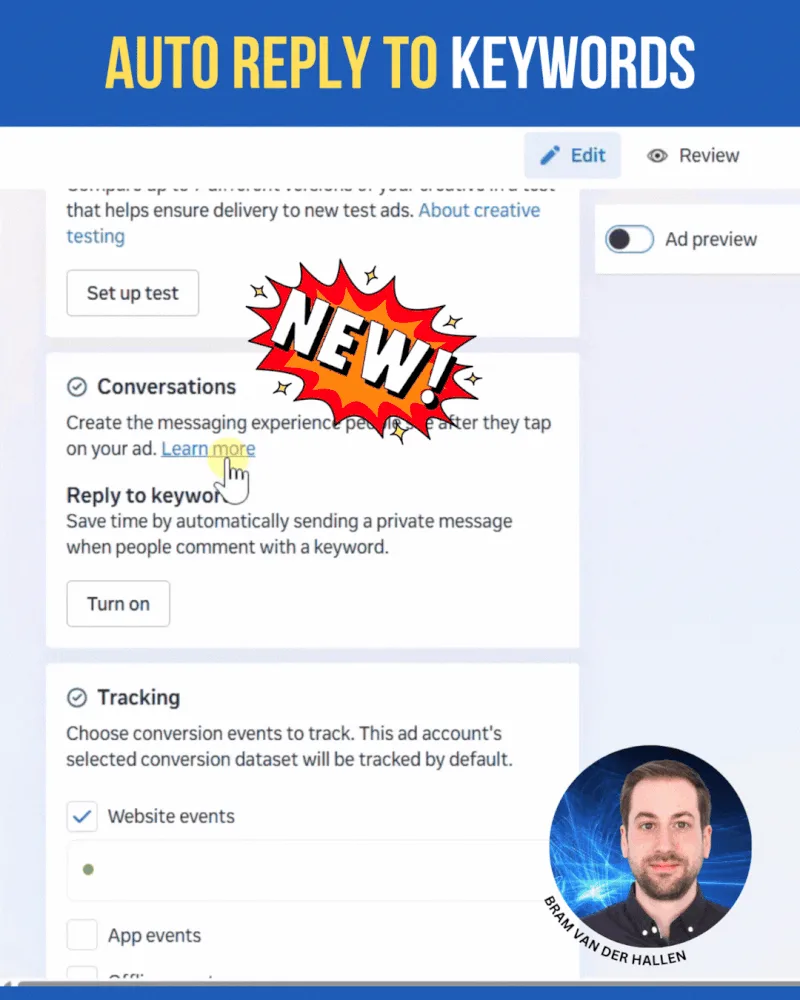 Original newsletter image: Meta ads can auto-reply to comments with keyword triggers