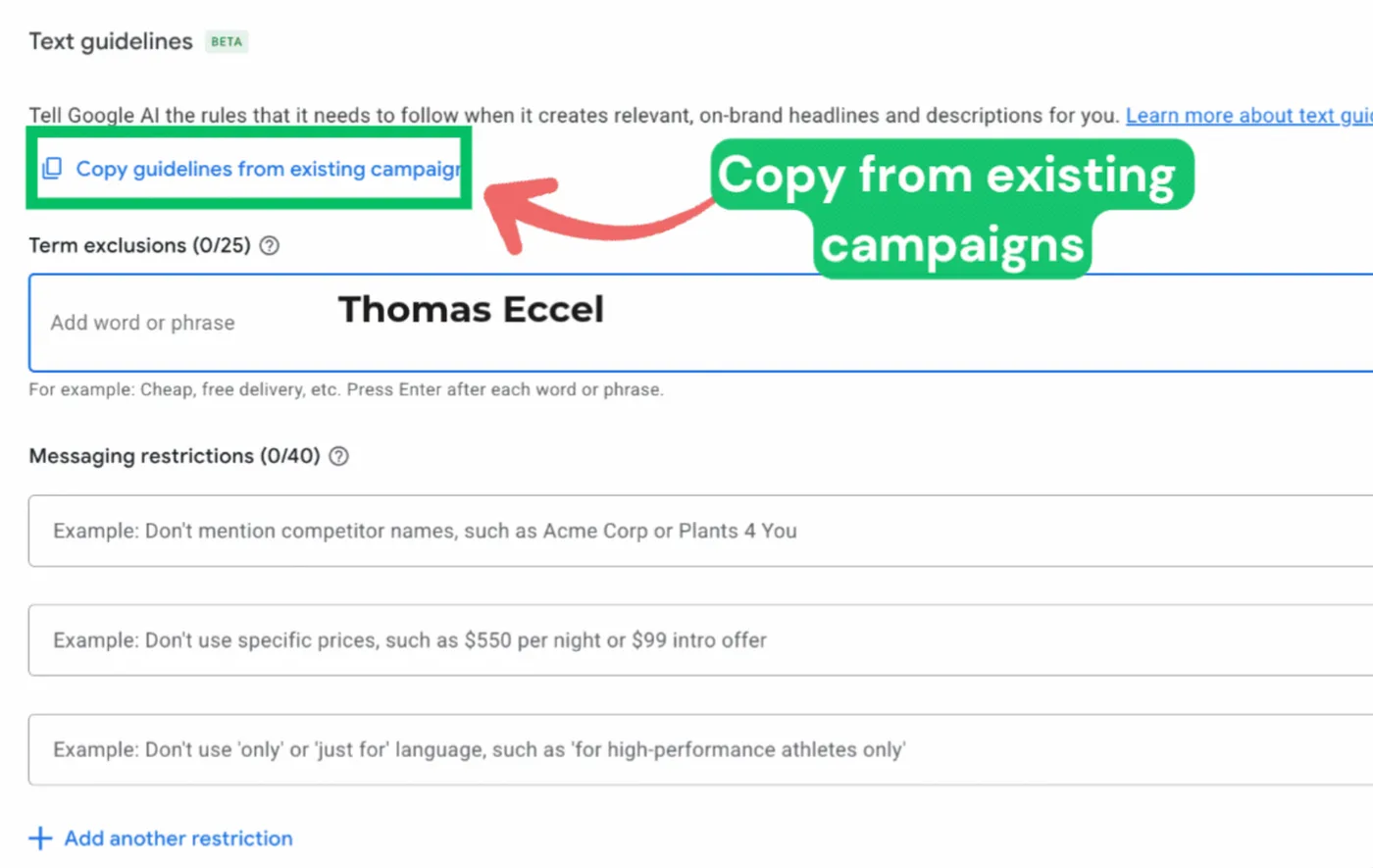 Original newsletter image: Google lets Text Guidelines be copied between campaigns
