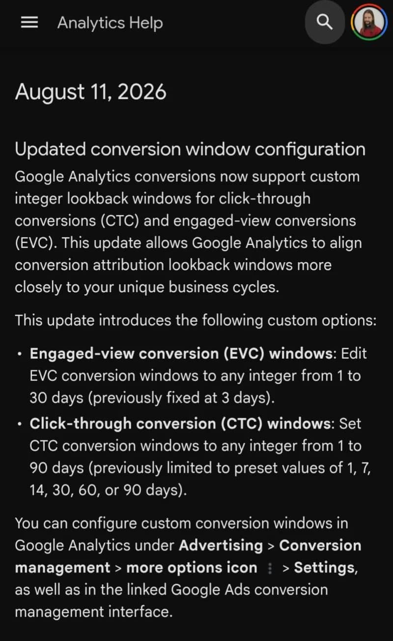 Original newsletter image: GA4 conversion windows accept any custom day count