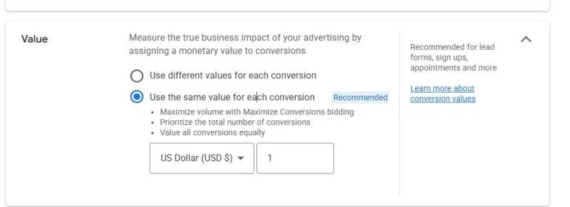 Original newsletter image: Google Ads removes the "No Conversion Value" option from the conversion setup