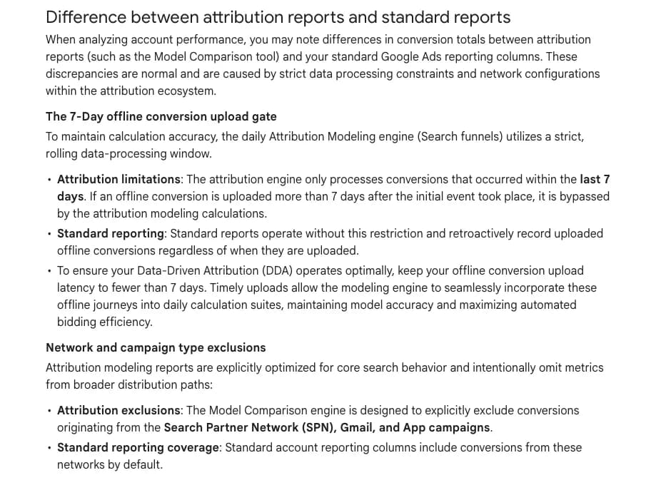 Original newsletter image: Late offline conversions remain in reports but miss DDA calculations