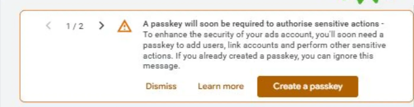 Original newsletter image: Passkeys become required for sensitive Google Ads actions