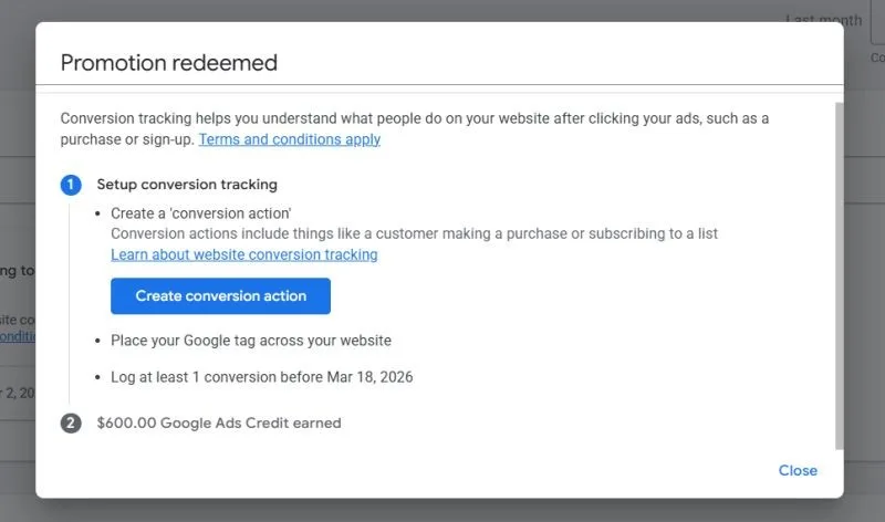 Original newsletter image: Google is offering a $600 credit for activating conversion tracking