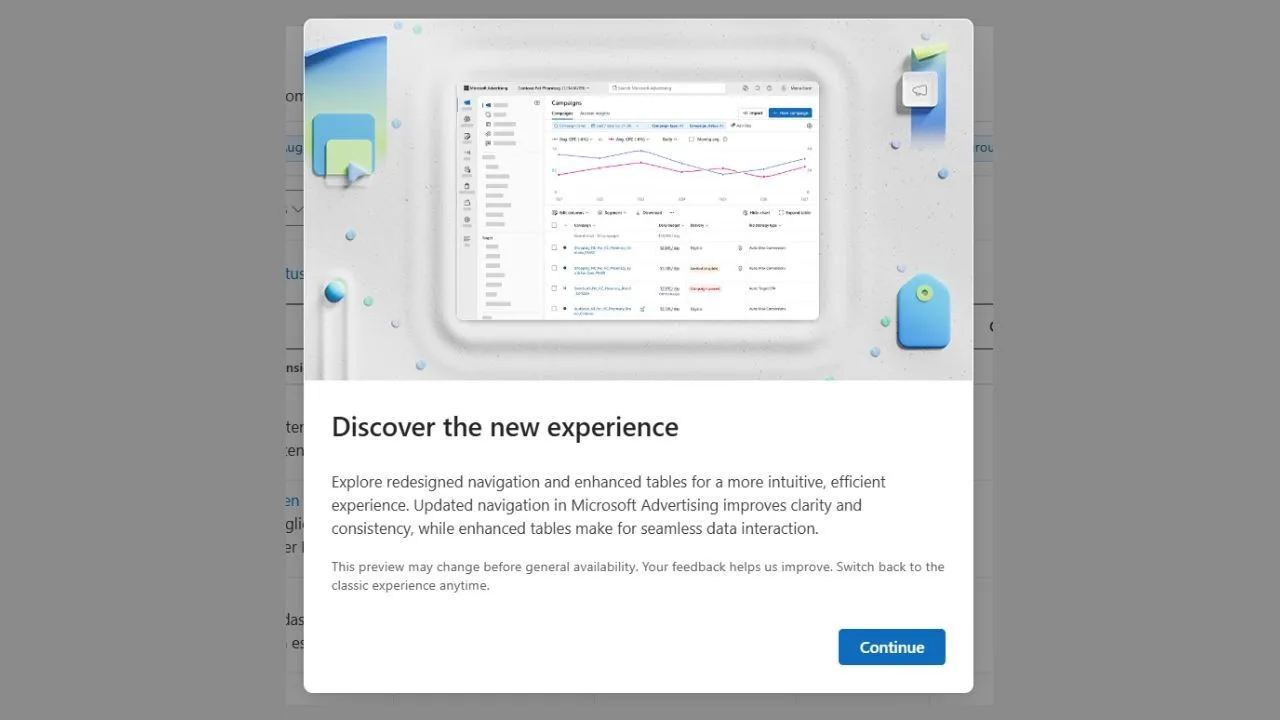 Original newsletter image: Microsoft Advertising rolls out redesigned navigation and tables