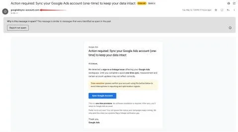 Original newsletter image: Google Ads scam emails circulating: synchronisation-error pretext