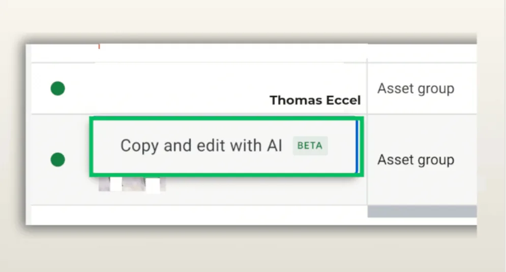 Original newsletter image: "Copy and edit with AI" beta button appears in PMax asset groups