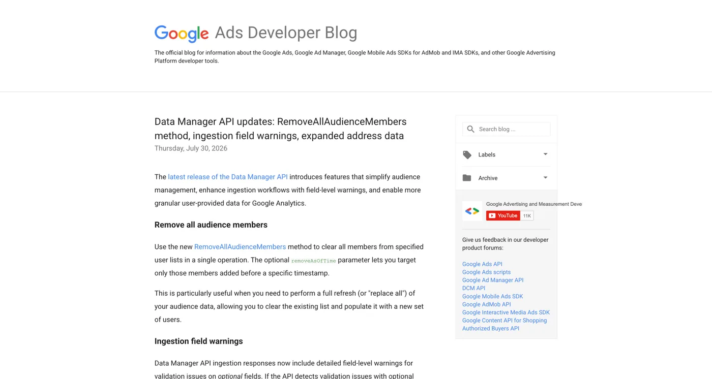 Original newsletter image: The Data Manager API adds RemoveAllAudienceMembers