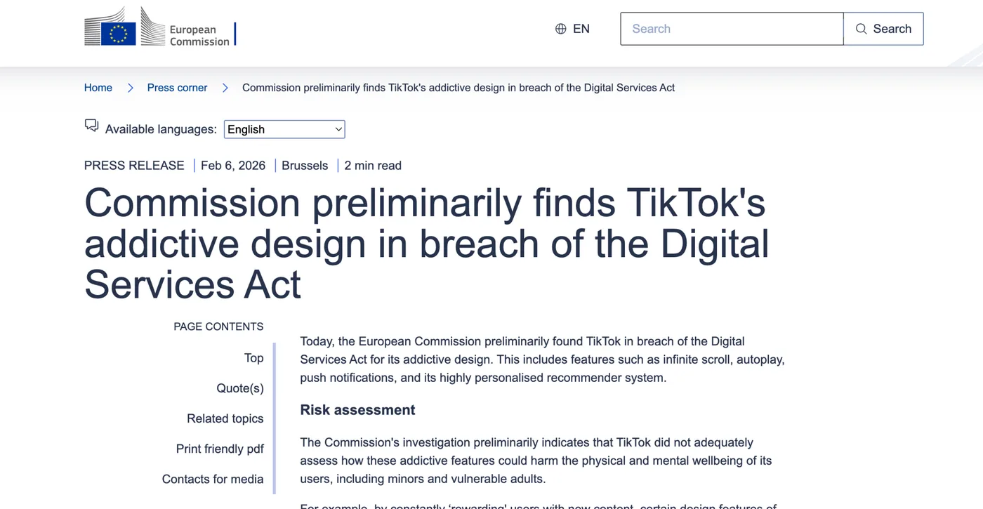 Original newsletter image: EU finds TikTok in breach of Digital Services Act for addictive design features