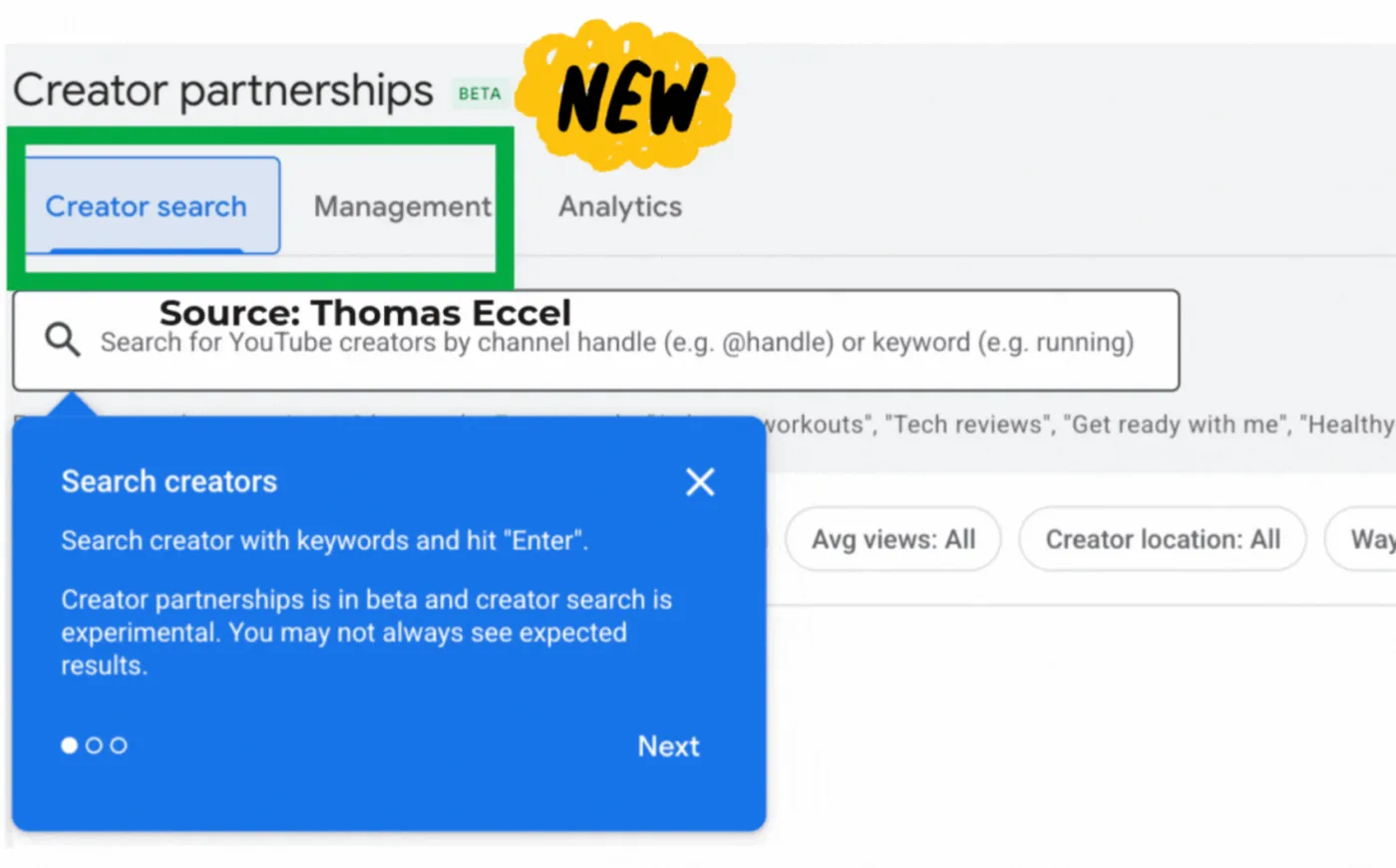 Original newsletter image: Google Ads Creator Partnership beta adds search filters and inquiry management.