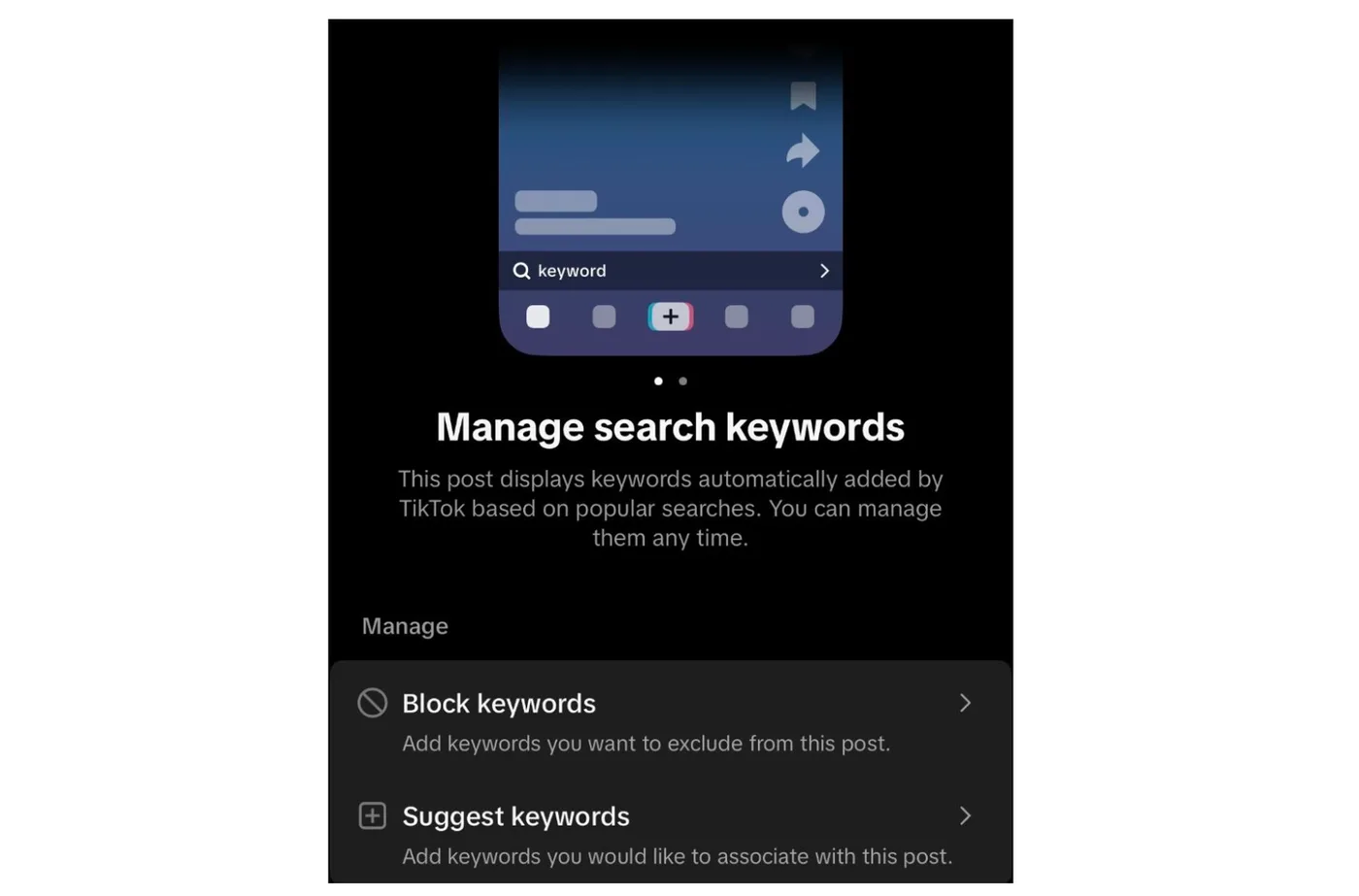 Original newsletter image: TikTok lets creators add and remove keywords from post metadata