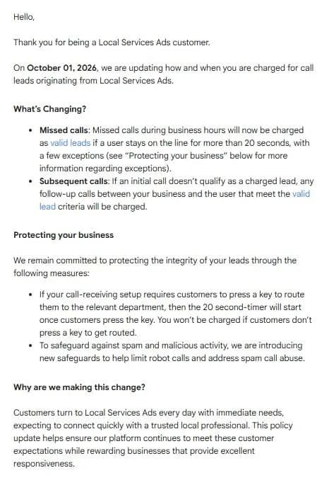 Original newsletter image: Missed and subsequent LSA calls become chargeable on 1 October