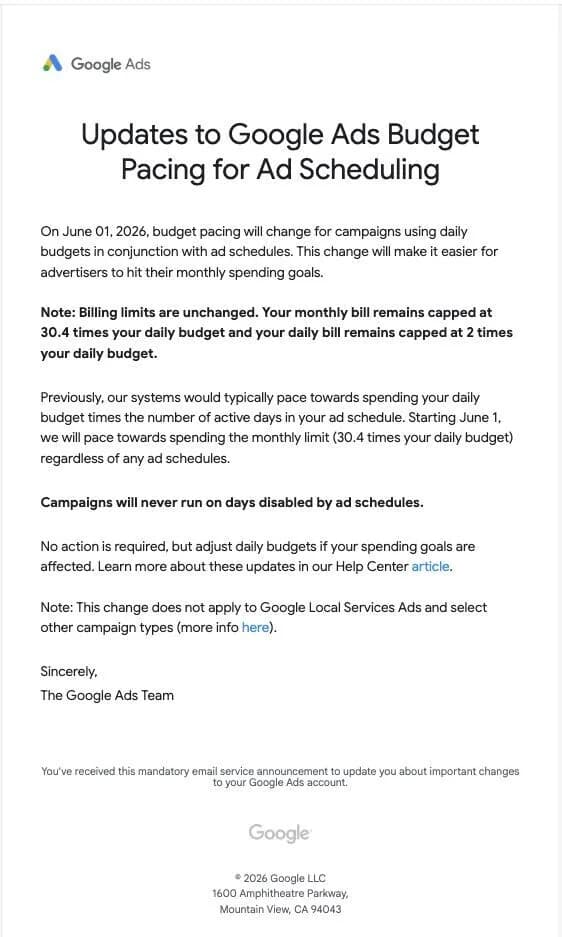 Original newsletter image: Google Ads moves to monthly budget pacing for scheduled campaigns from 1 June