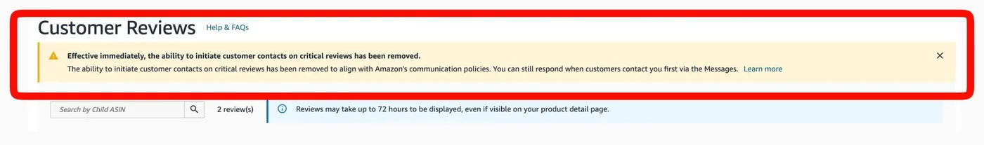 Original newsletter image: Amazon removes the "Contact Customer" button from the reviews dashboard