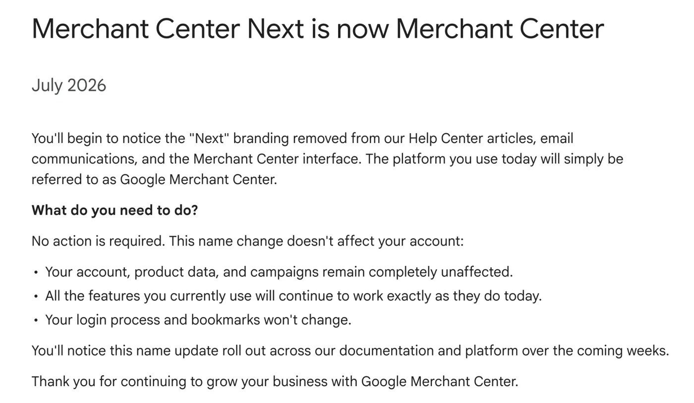 Original newsletter image: Merchant Centre Next becomes Google Merchant Centre