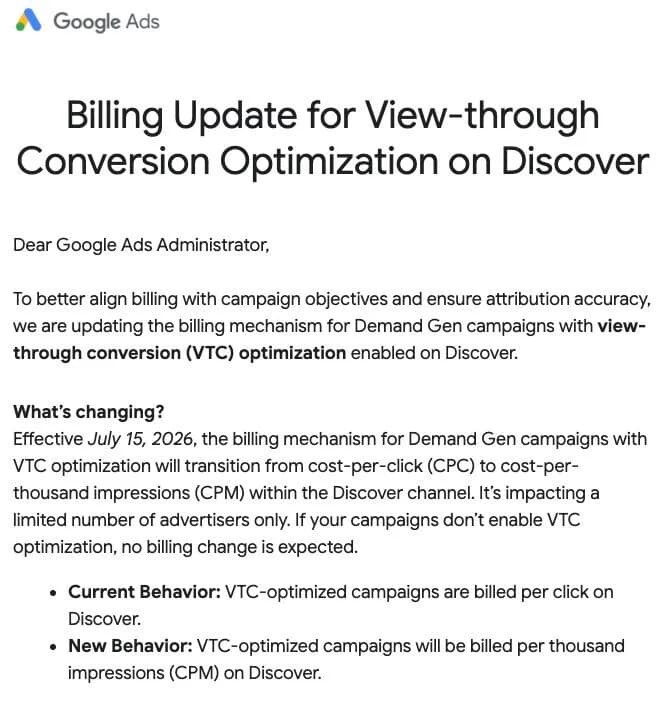 Original newsletter image: Demand Gen on Discover with view-through conversions moves to CPM billing