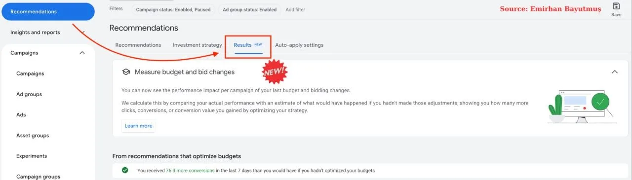 Original newsletter image: Google Ads adds the Results tab to Recommendations