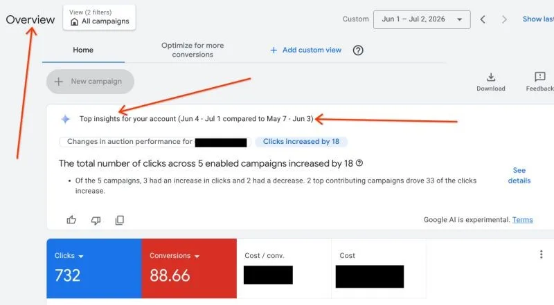 Original newsletter image: Top Insights opens fully in the Google Ads Overview