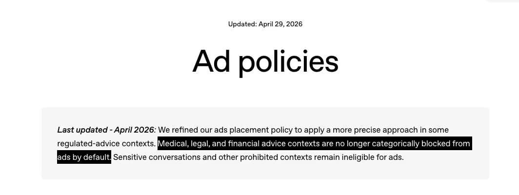 Original newsletter image: ChatGPT policy opens medical, legal and financial advice contexts to ads