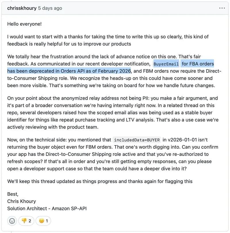 Original newsletter image: Amazon completely removes buyer identity from seller data