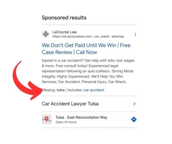 Original newsletter image: Google tests "included or missing words" inside paid ads
