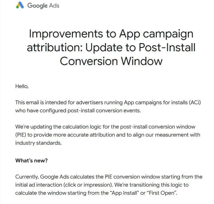 Original newsletter image: Conversion attribution is now tied to the install date rather than ad interaction
