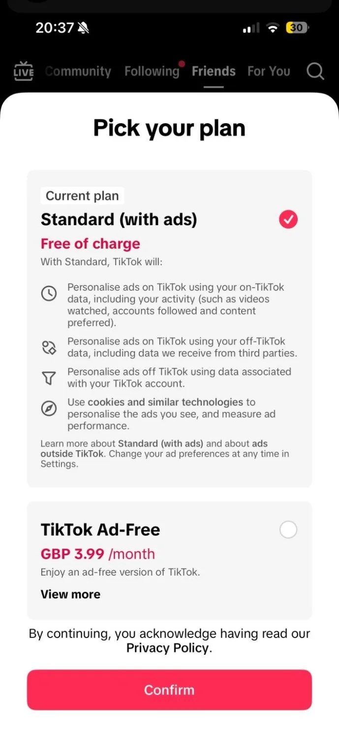 Original newsletter image: TikTok prompts an ad-free subscription feed
