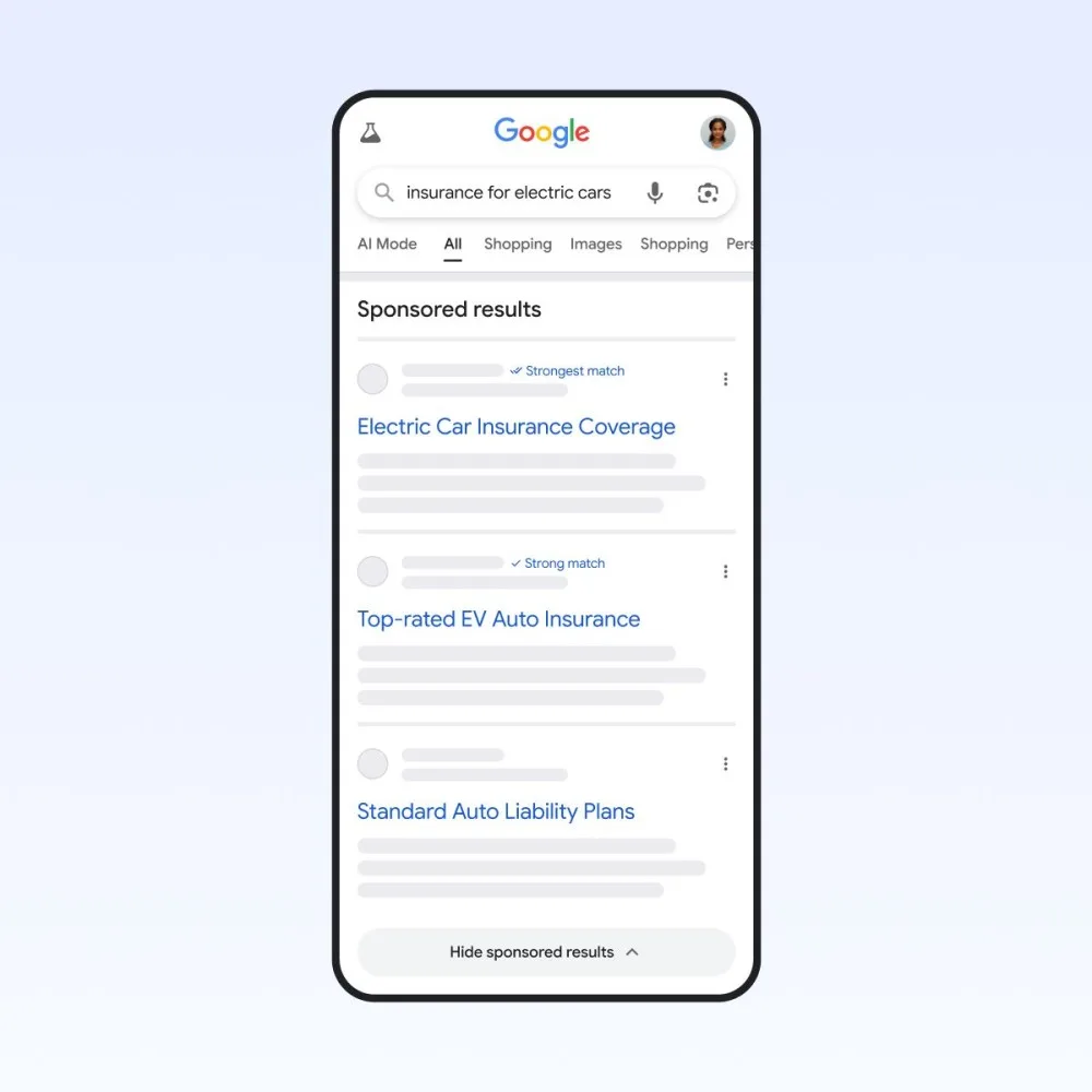 Original newsletter image: Google tests "Strongest match" and "Strong match" labels on Search ads