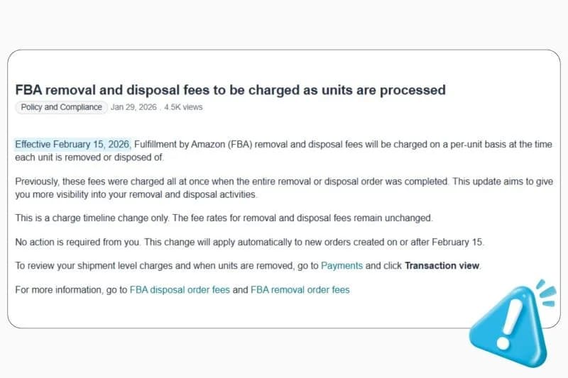Original newsletter image: Amazon FBA removal and disposal fees switch to per-unit charging from February 15