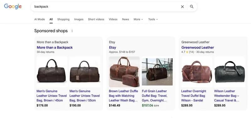 Original newsletter image: Sponsored Shops blocks appear in Google Shopping