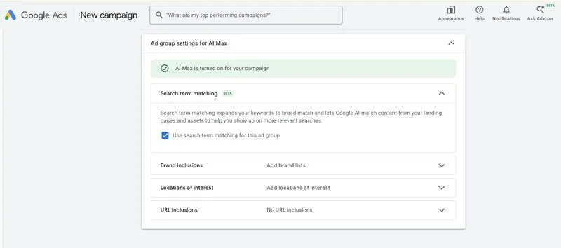 Original newsletter image: AI Max ad group settings become visible in campaign setup