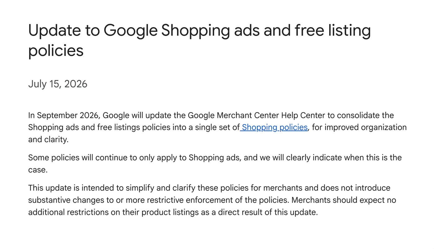 Original newsletter image: Shopping ads and free listings policies merge in September