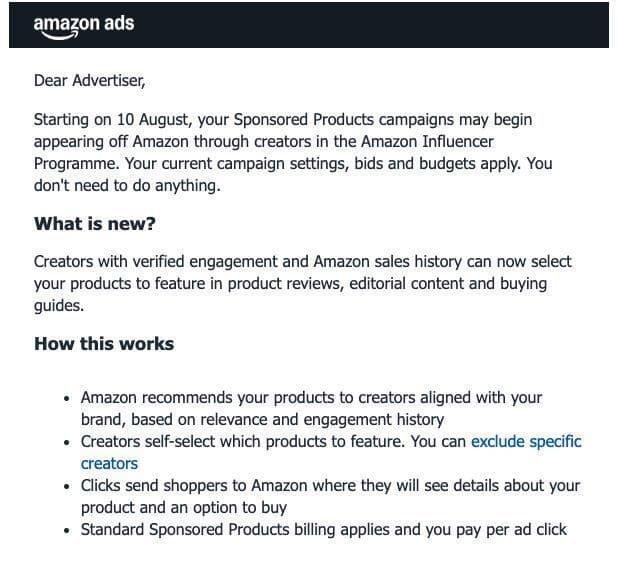 Amazon Ads notice describing Sponsored Products placements through the Amazon Influencer Programme