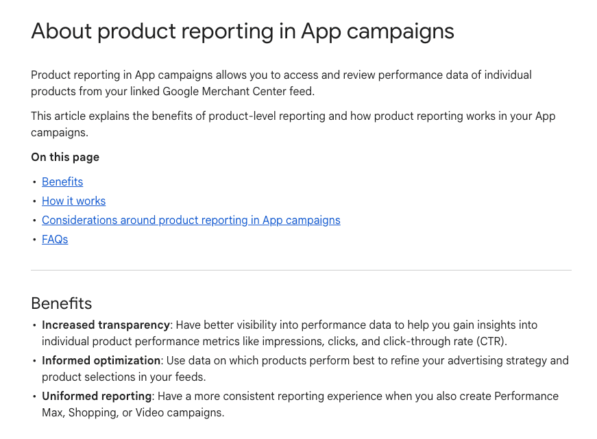 Google App campaign product-reporting documentation with available metrics