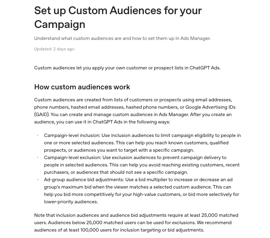 OpenAI custom audience documentation showing member management options