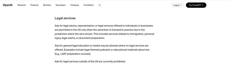 OpenAI advertising policy describing eligible US legal services
