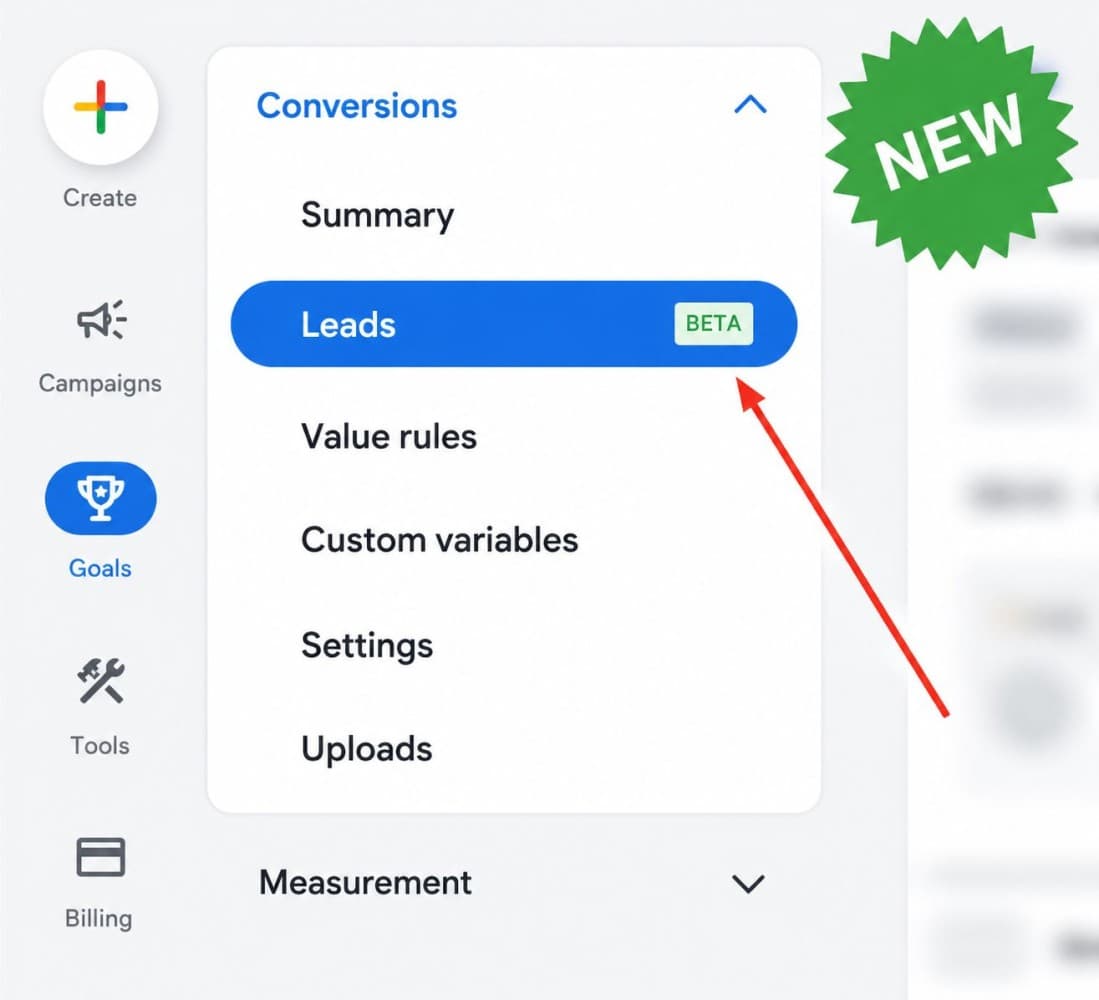 Google Ads Conversions menu showing the Leads beta section