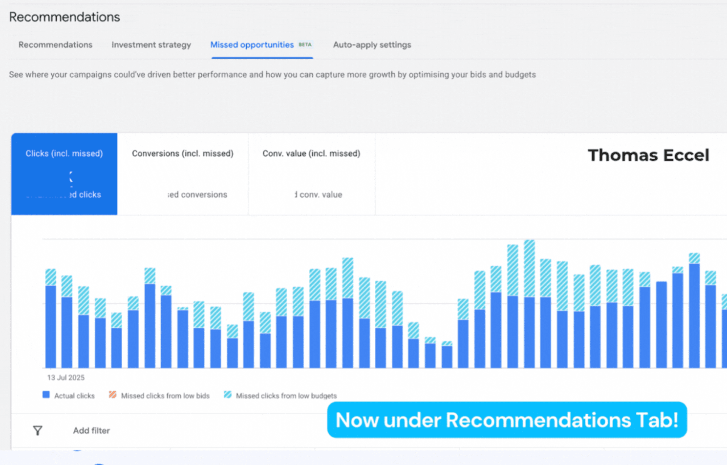 Google Ads Recommendations screen with the Missed opportunities tab highlighted by Thomas Eccel