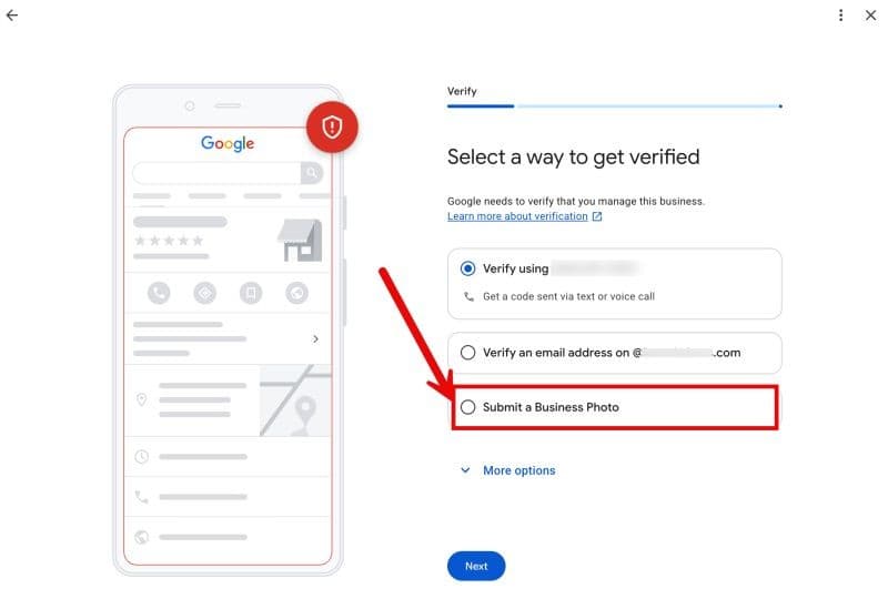 Google Business Profile verification screen offering a business photo