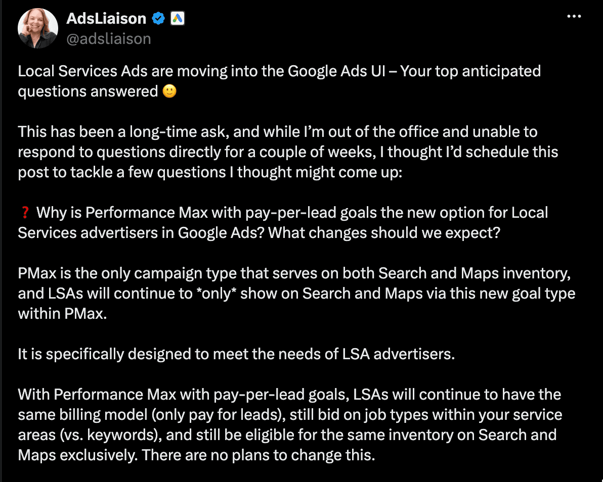 Google Ads Liaison post explaining Local Services Ads and Performance Max pay-per-lead goals