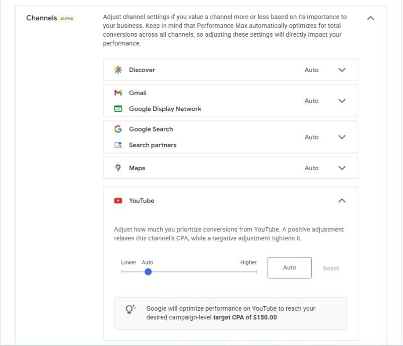 Performance Max channel settings with a YouTube prioritisation slider