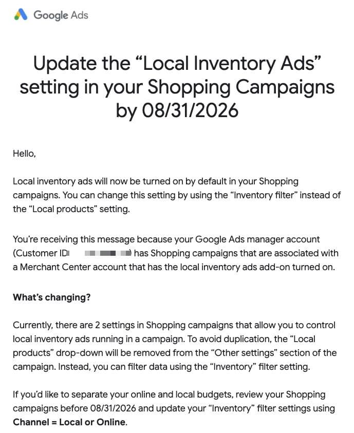 Google Ads email describing changes to local inventory settings in Shopping campaigns