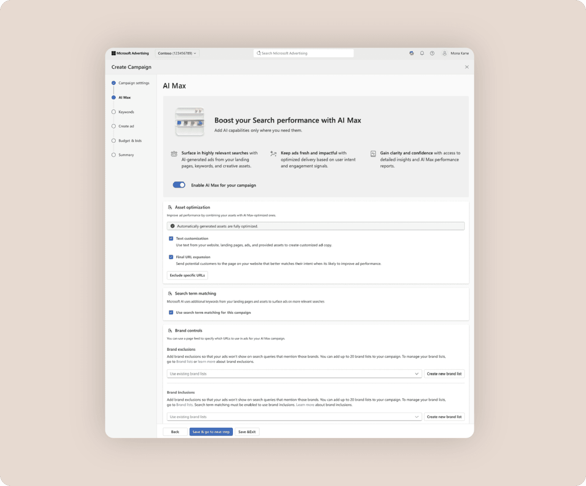 Microsoft Advertising campaign setup with AI Max enabled and asset optimisation settings