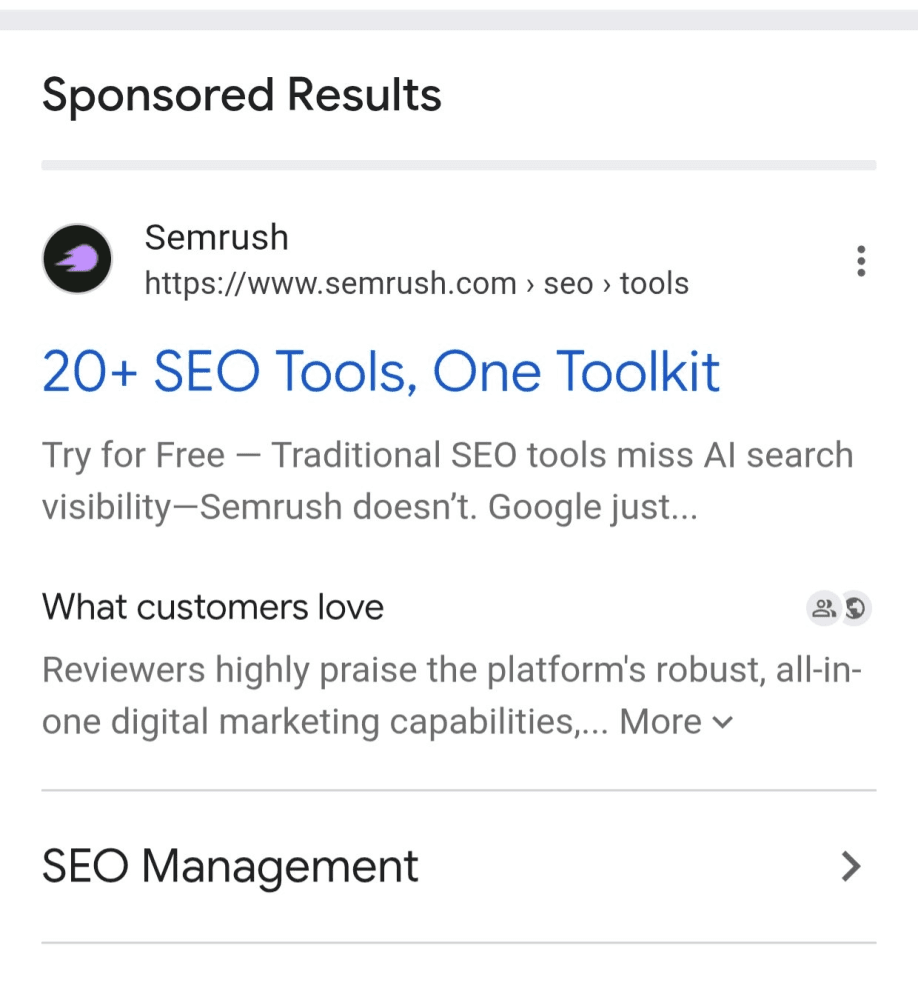 Sponsored search result displaying the What customers love review summary