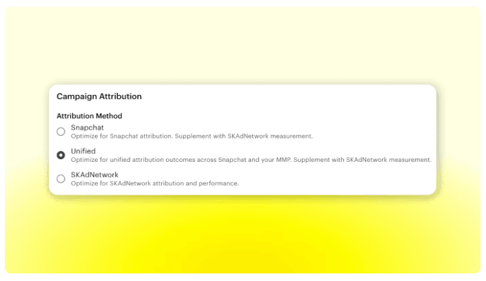 Snapchat Ads Manager attribution options including Unified Attribution